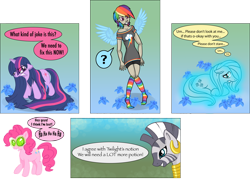 Size: 5400x3912 | Tagged: safe, artist:inkypad, derpibooru import, fluttershy, pinkie pie, rainbow dash, twilight sparkle, zecora, human, zebra, comic, humanized, poison joke