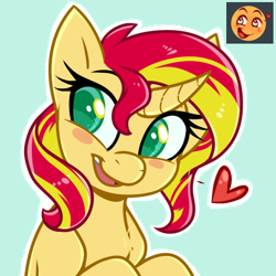 Size: 512x512 | Tagged: safe, artist:esmeia, sunset shimmer, pony, unicorn, blush sticker, blushing, bust, curved horn, cute, emoji, emoticon, female, heart, looking away, mare, open mouth, request, requested art, shimmerbetes, smiling, solo