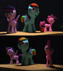 Size: 1920x2160 | Tagged: safe, derpibooru import, screencap, pinkie pie, rainbow dash, twilight sparkle, twilight sparkle (alicorn), alicorn, earth pony, pegasus, pony, 3d, blender