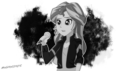 Size: 2560x1440 | Tagged: safe, artist:ngrycritic, sunset shimmer, equestria girls, microphone, monochrome, solo, style emulation