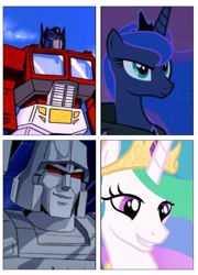 Size: 667x927 | Tagged: safe, princess celestia, princess luna, alicorn, pony, crossover, exploitable meme, megatron, meme, new lunar republic, optimus prime, solar empire, transformers, tyrant celestia, why