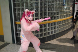 Size: 3872x2592 | Tagged: safe, artist:fixinman, pinkie pie, human, cosplay, fursuit, gun, irl, irl human, photo, solo, weapon