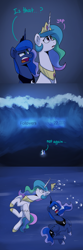 Size: 1200x3600 | Tagged: safe, artist:anticular, derpibooru import, princess celestia, princess luna, alicorn, pony, ask sunshine and moonbeams, comic, dialogue, duo, duo female, female, mare, peytral, pinpoint eyes, tidal wave, tsunami, underwater, water