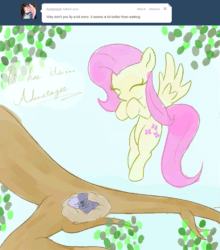 Size: 685x780 | Tagged: safe, artist:askumfluttershy, fluttershy, pegasus, pony, animal, animated, ask, ask fluttershy, flying, solo, tree, tumblr