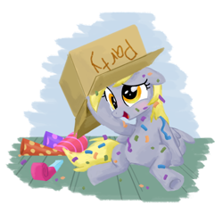 Size: 900x863 | Tagged: safe, artist:sketchyjackie, derpy hooves, pegasus, pony, box, female, hat, mare, party hat, solo