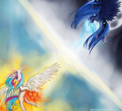 Size: 2600x2371 | Tagged: safe, artist:anuhanele, princess celestia, princess luna, alicorn, pony, fangs, magic, orb