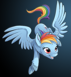 Size: 489x525 | Tagged: safe, artist:a-lunar-eclipse, derpibooru import, rainbow dash, pegasus, pony, female, flying, gradient background, mare, smiling, solo