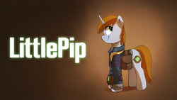 Size: 2439x1372 | Tagged: safe, artist:anticular, derpibooru import, oc, oc only, oc:littlepip, pony, unicorn, fallout equestria, fallout equestria illustrated, clothes, cutie mark, fanfic, fanfic art, female, gradient background, hooves, horn, mare, pipbuck, saddle bag, smiling, solo, text, vault suit