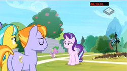 Size: 964x544 | Tagged: safe, screencap, auburn vision, citrine spark, fire quacker, spike, starlight glimmer, dragon, pony, unicorn, a matter of principals, covering eyes, friendship student, stadium, trench