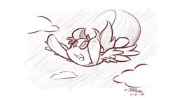 Size: 500x281 | Tagged: safe, artist:dshou, derpibooru import, rainbow dash, pegasus, pony, flying, happy, monochrome, sketch, solo