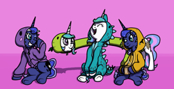 Size: 1000x513 | Tagged: safe, artist:thatasianmike, princess celestia, princess luna, alicorn, dinosaur, pony, ask celestia stuff, ask sunshine and moonbeams, clothes, costume, fanart, long neck, luna-afterdark, princess necklestia, tumblr:ask lewdna