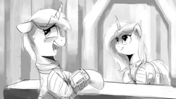 Size: 2439x1372 | Tagged: safe, artist:anticular, derpibooru import, oc, oc only, oc:littlepip, oc:velvet remedy, pony, unicorn, fallout equestria, fallout equestria illustrated, blushing, clothes, cutie mark, fanfic, fanfic art, female, floppy ears, grayscale, hooves, horn, mare, monochrome, open mouth, pipbuck, smiling, teeth, vault suit