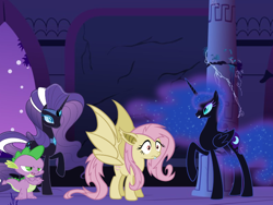 Size: 800x600 | Tagged: safe, fluttershy, nightmare moon, nightmare rarity, spike, dragon, antagonist, duality, flutterbat