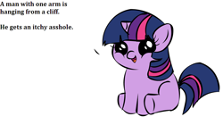 Size: 1194x668 | Tagged: safe, derpibooru import, twilight sparkle, pony, unicorn, cliff, dialogue, female, filly, filly twilight sparkle, filly twilight telling an offensive joke, forced meme, horn, implied death, looking at you, meme, multicolored mane, multicolored tail, obligatory pony, purple coat, simple background, sitting, smiling, solo, talking to viewer, text, underhoof, vulgar, white background