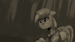 Size: 2439x1372 | Tagged: safe, artist:anticular, derpibooru import, oc, oc only, oc:littlepip, pony, unicorn, fallout equestria, fallout equestria illustrated, female, mare, monochrome, raised hoof, saddle bag, vault suit