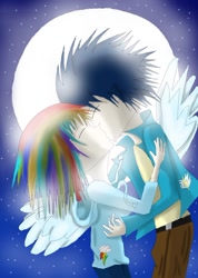 Size: 544x765 | Tagged: safe, artist:aqua-violet97, derpibooru import, rainbow dash, soarin', human, female, humanized, kissing, male, moon, shipping, soarindash, stars, straight, winged humanization