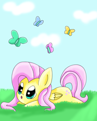 Size: 4000x5000 | Tagged: safe, artist:mykittyjasper, fluttershy, butterfly, pegasus, pony, chibi, solo