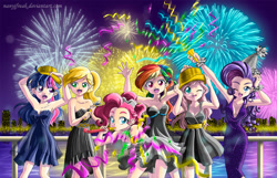 Size: 1535x988 | Tagged: safe, artist:nancysauria, derpibooru import, applejack, fluttershy, pinkie pie, rainbow dash, rarity, twilight sparkle, human, armpits, breasts, cleavage, clothes, dress, female, fireworks, happy new year, humanized, mane six