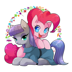 Size: 1000x1000 | Tagged: safe, artist:zakro, maud pie, pinkie pie, pony, candy, clothes, cute, duo, female, food, heart eyes, mare, open mouth, pixiv, sisters, smiling