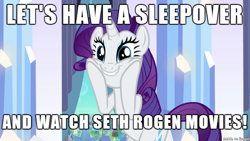 Size: 610x343 | Tagged: safe, screencap, rarity, pony, unicorn, image macro, let's have a sleepover and watch x, meme, seth rogen, sleepover, squishy cheeks