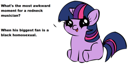 Size: 1171x590 | Tagged: safe, derpibooru import, twilight sparkle, pony, unicorn, dialogue, female, filly, filly twilight sparkle, filly twilight telling an offensive joke, horn, looking at you, meme, multicolored mane, multicolored tail, obligatory pony, purple coat, redneck, simple background, sitting, smiling, solo, talking to viewer, text, underhoof, vulgar, white background