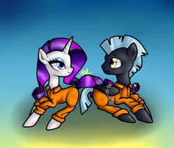 Size: 1000x846 | Tagged: safe, artist:kayak94, rarity, thunderlane, pegasus, pony, unicorn, bound wings, chains, clothes, female, male, mare, prison outfit, prisoner, prisoner ry, rarilane, shipping, stallion, straight