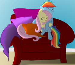 Size: 6000x5149 | Tagged: safe, artist:byteslice, artist:scienceisanart, derpibooru import, fluttershy, rainbow dash, pegasus, pony, .svg available, absurd resolution, chair, cute, eyes closed, female, flutterdash, hug, lesbian, pillow, shipping, sitting, smiling, snuggling, vector