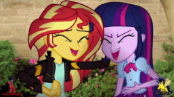 Size: 656x368 | Tagged: safe, artist:ponydubberx, sunset shimmer, twilight sparkle, equestria girls, and then sex happened, animated, female, gif, kissing, laughing, lesbian, love, shipping, sunsetsparkle, surprise kiss