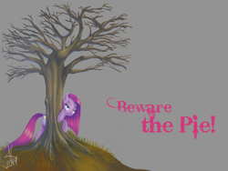 Size: 1024x768 | Tagged: safe, artist:hope(n forever), pinkie pie, earth pony, pony, bedroom eyes, creepy, dark, dead tree, grass, grim, pinkamena diane pie, solo, stalker, stalker pie, tree, wallpaper, warning