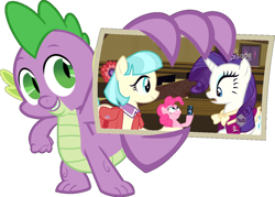 Size: 1280x917 | Tagged: safe, coco pommel, pinkie pie, rarity, spike, dragon, earth pony, pony, unicorn, accepted meme that never ends, coco's gift, exploitable meme, look what pinkie found, meme, spike card meme, the meme that never ends