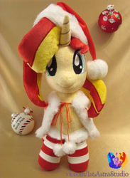 Size: 1024x1397 | Tagged: safe, artist:1stastrastudio, sunset shimmer, pony, unicorn, c:, christmas, clothes, costume, cute, female, hat, holiday, irl, looking at you, mare, photo, plushie, santa costume, santa hat, shimmerbetes, smiling, socks, solo, striped socks