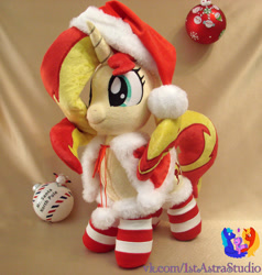 Size: 1024x1077 | Tagged: safe, artist:1stastrastudio, sunset shimmer, pony, unicorn, c:, christmas, clothes, costume, cute, female, hat, holiday, irl, mare, photo, plushie, santa costume, santa hat, smiling, socks, solo, striped socks