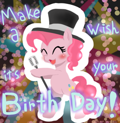 Size: 1000x1026 | Tagged: safe, artist:doubt, pinkie pie, earth pony, pony, pinkie pride, :3, bipedal, blushing, cute, diapinkes, eyes closed, hat, make a wish, microphone, open mouth, smiling, solo, top hat