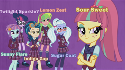 Size: 1280x724 | Tagged: safe, indigo zap, lemon zest, sci-twi, sour sweet, sugarcoat, sunny flare, twilight sparkle, equestria girls, friendship games, crystal prep academy, glasses, outfit, shadow six