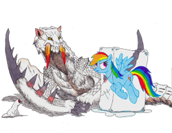 Size: 3299x2549 | Tagged: safe, artist:themacronian, derpibooru import, rainbow dash, pegasus, pony, barioth, crossover, frozen, giggi, ice, ice cube, monster hunter