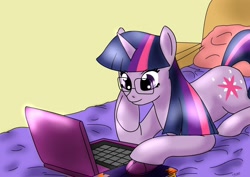 Size: 1754x1240 | Tagged: safe, artist:ciriliko, derpibooru import, twilight sparkle, bed, glasses, laptop computer, solo