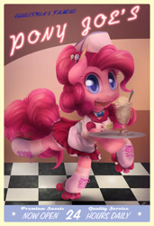 Size: 975x1425 | Tagged: safe, artist:surgicalarts, pinkie pie, earth pony, pony, balancing, clothes, cute, hilarious in hindsight, ice cream, looking at you, milkshake, roller skates, skirt, smiling, solo, waitress