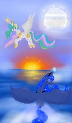 Size: 750x1280 | Tagged: safe, artist:vanezaescobedo, princess celestia, princess luna, alicorn, pony, cloud, cloudy, magic, moon, ocean, spread wings, sun