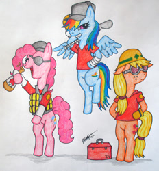 Size: 742x800 | Tagged: safe, artist:megaman007, derpibooru import, applejack, pinkie pie, rainbow dash, earth pony, pegasus, pony, demoman, demopie, engineer, scout, simple background, team fortress 2, traditional art