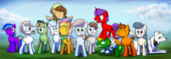 Size: 2563x890 | Tagged: safe, artist:anticular, derpibooru import, oc, oc only, oc:age, oc:anticular pony, oc:blindcoyote, oc:bolthedgie4706, oc:buttercheese, oc:lunchwere, oc:postcrusade, oc:sky paw, oc:tathers heart, oc:vetie, pony, female, group, male, mare, stallion