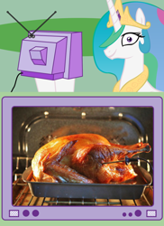 Size: 562x770 | Tagged: safe, princess celestia, alicorn, pony, exploitable meme, meme, obligatory pony, oven, turkey, tv meme