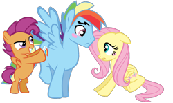 Size: 1372x816 | Tagged: safe, artist:dilemmas4u, derpibooru import, fluttershy, rainbow blitz, rainbow dash, scootaloo, scooteroll, pegasus, pony, female, flutterblitz, half r63 shipping, male, rule 63, shipper on deck, shipping, show accurate, simple background, straight, transparent background