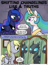 Size: 1400x1900 | Tagged: safe, artist:moemneop, derpy hooves, princess celestia, princess luna, alicorn, changeling, pegasus, pony, comic:shifting changelings lies and truths, comic, female, mare, reflection