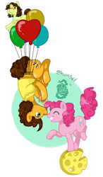 Size: 682x1171 | Tagged: safe, artist:shion561, cheese sandwich, pinkie pie, earth pony, pony, balancing, balloon, boop, cheese, cheesepie, eating, eyes closed, female, grin, male, nose wrinkle, noseboop, raised hoof, raised leg, sandwich, shipping, smiling, straight, suspended, upside down