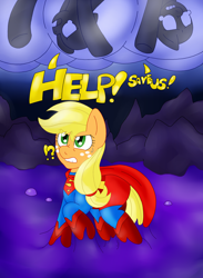 Size: 2334x3194 | Tagged: safe, artist:blackbewhite2k7, applejack, oc, oc:anon, earth pony, pony, app-el, cave, cocoon, commission, cover, crossover, pod, slime, stuck, superhero, superman, supermare, trapped