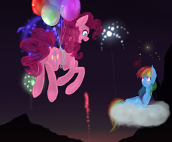 Size: 822x680 | Tagged: safe, artist:psychotwi, derpibooru import, pinkie pie, rainbow dash, earth pony, pegasus, pony, balloon, cloud, crying, female, fireworks, lesbian, pinkiedash, shipping, then watch her balloons lift her up to the sky