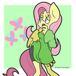 Size: 1000x1000 | Tagged: safe, artist:arieann-pentagon, fluttershy, anthro, clothes, off shoulder, solo, sweater, sweatershy