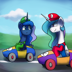 Size: 1200x1200 | Tagged: safe, artist:anticular, derpibooru import, princess celestia, princess luna, alicorn, pony, alicorns only, ask sunshine and moonbeams, clothes, cloud, cosplay, costume, duo, duo female, faic, female, hat, looking back, luigi, luigi's death stare, mare, mario, mario kart, racing, smiling, smirk, super mario bros.