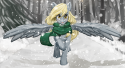 Size: 1024x556 | Tagged: safe, artist:kira-minami, derpy hooves, pegasus, pony, clothes, cropped, female, happy, lamppost, mare, scarf, snow, snowfall, solo, spread wings, tongue out, tree, winter