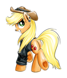 Size: 800x931 | Tagged: safe, artist:xioade, applejack, earth pony, pony, clothes, earring, grin, nose ring, piercing, simple background, solo, underhoof